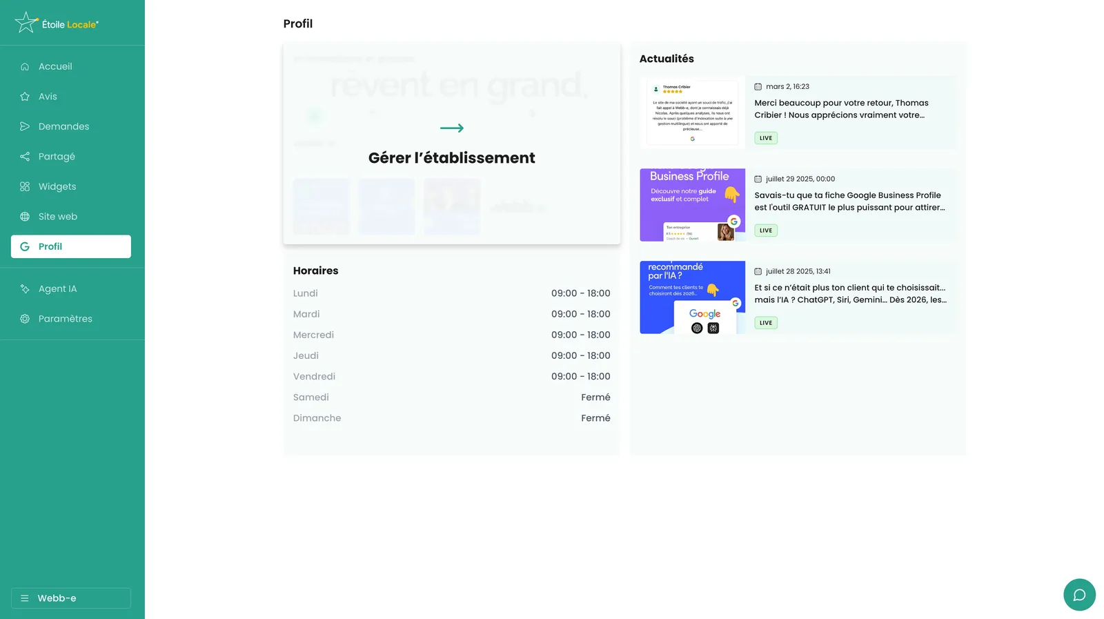 Tableau de bord simplifié de gestion de fiche Google My Business Dans Etoile Locale