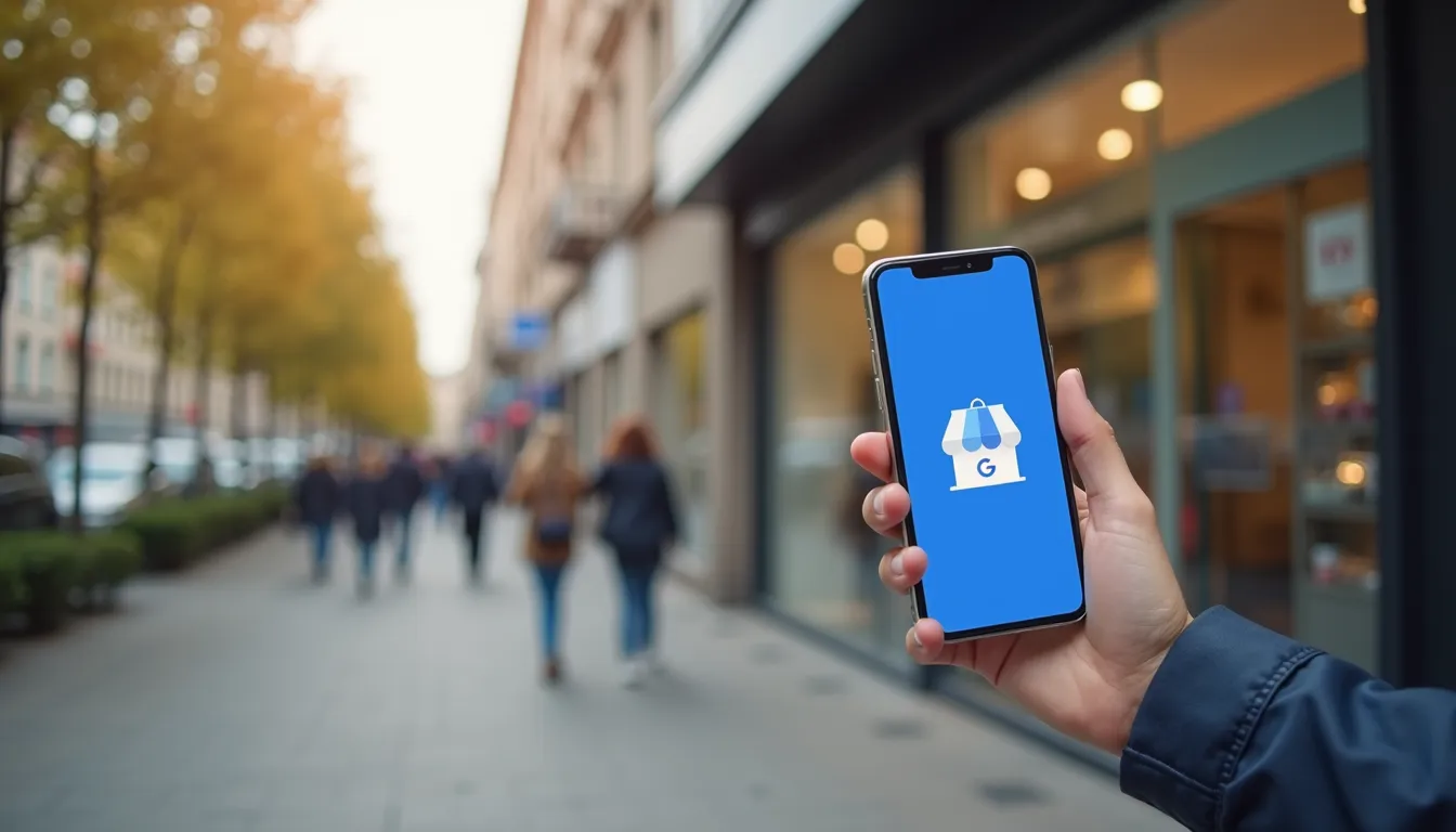 Vue en plongée d’un commerce local avec une fiche Google My Business affichée sur un smartphone