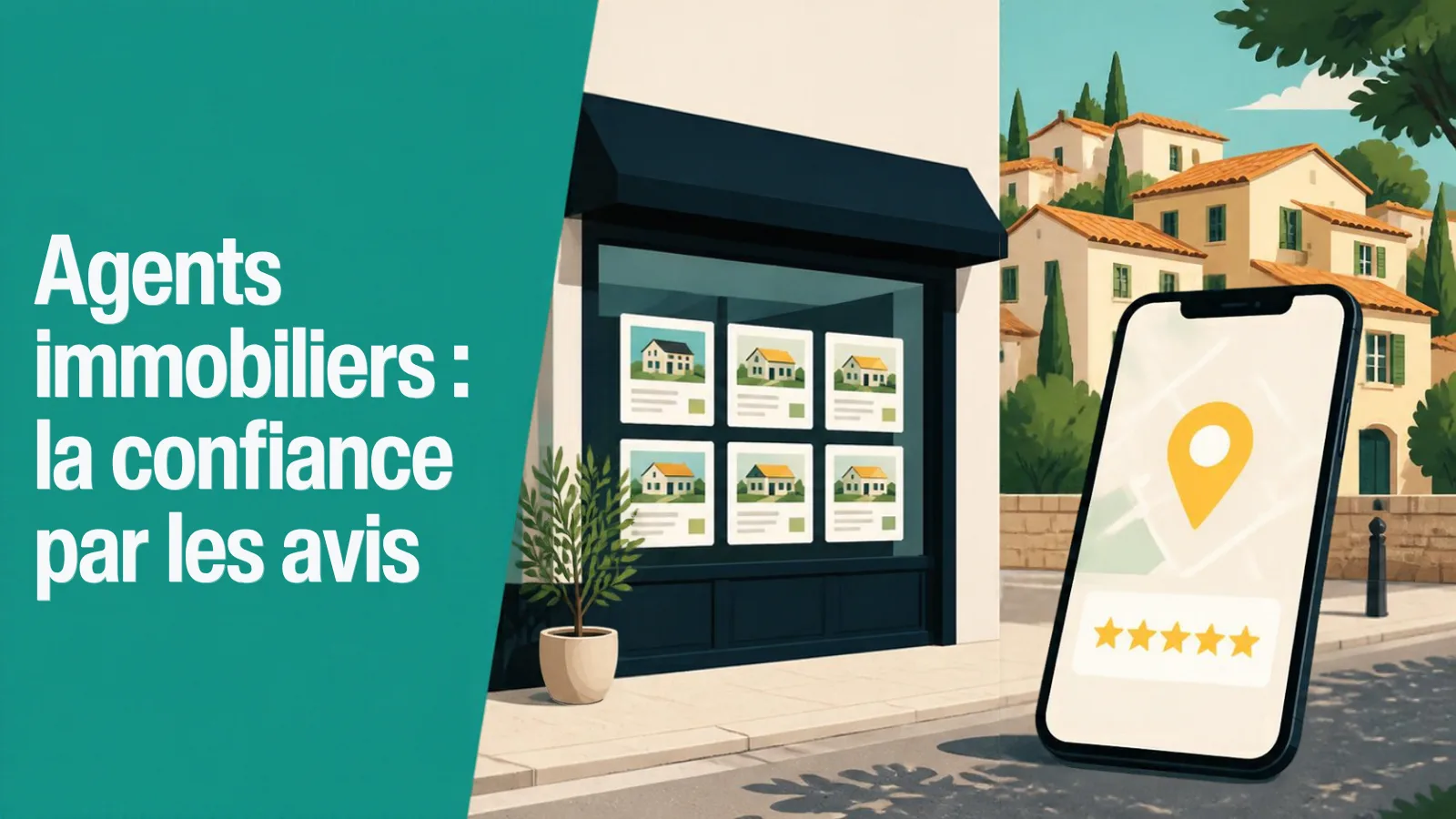 Vitrine d’agence immobilière dans un village provençal, avec un téléphone affichant une carte et cinq étoiles d’avis