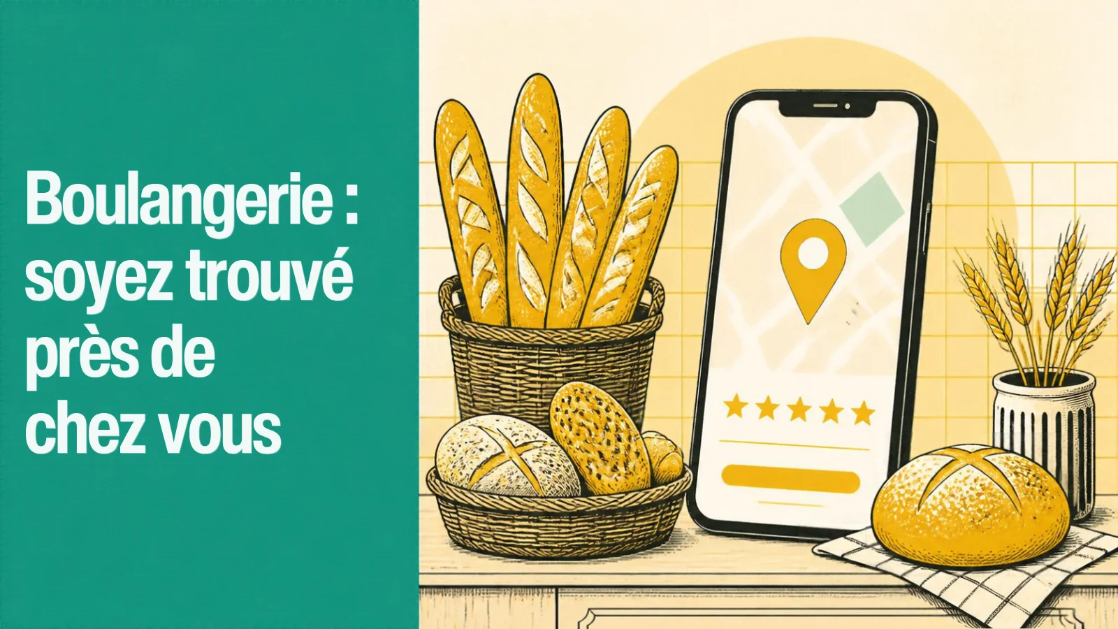Comptoir de boulangerie de village avec des pains en corbeille et un téléphone affichant une épingle de carte à cinq étoiles