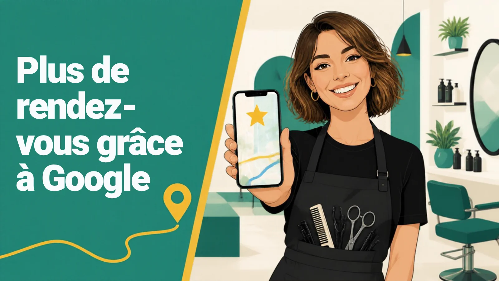 Coiffeuse en salon avec un téléphone affichant une étoile en tête de Google Maps