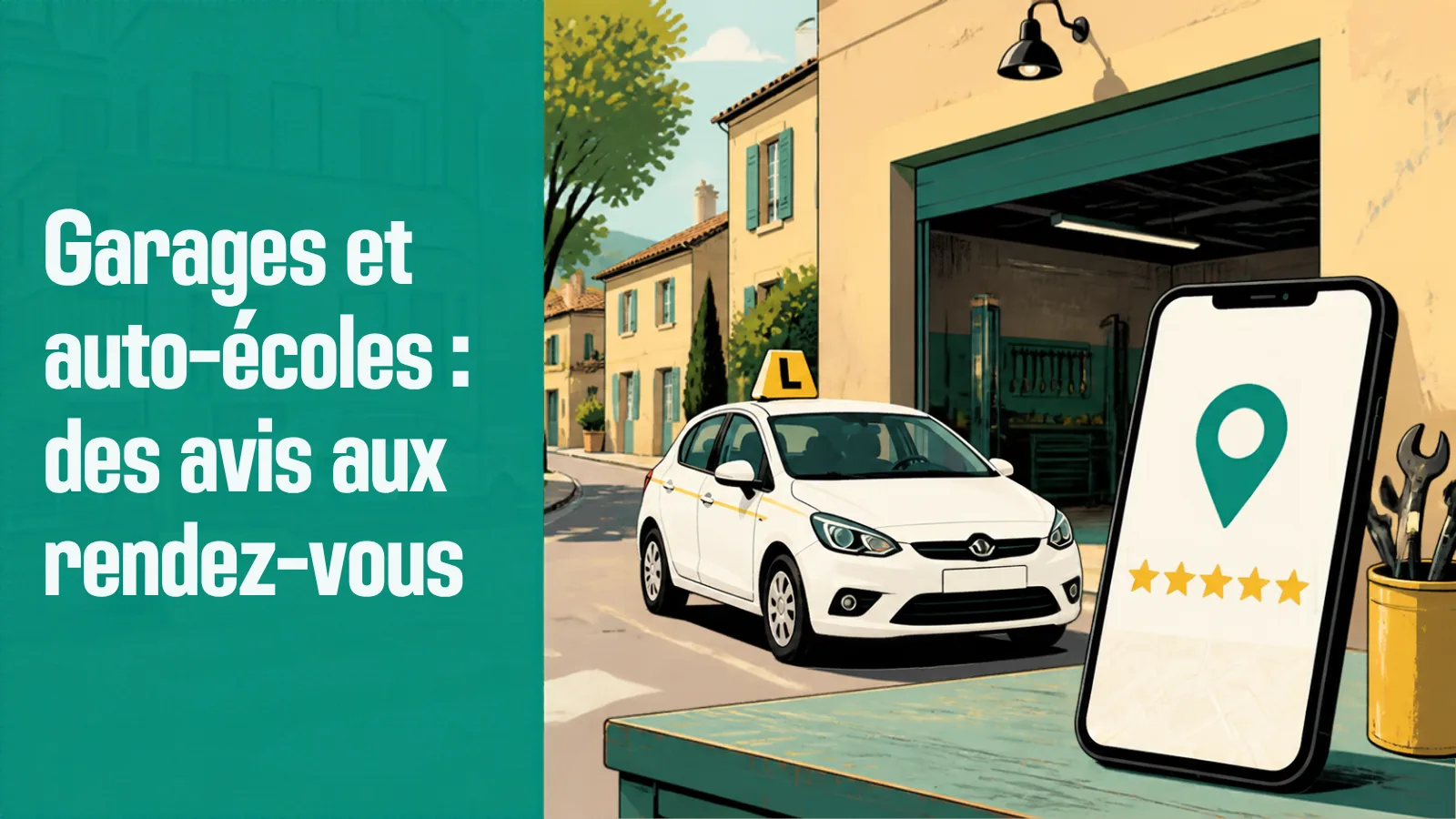 Atelier de garage et voiture d’auto-école devant une rue de village, avec un téléphone affichant une carte et des étoiles d’avis