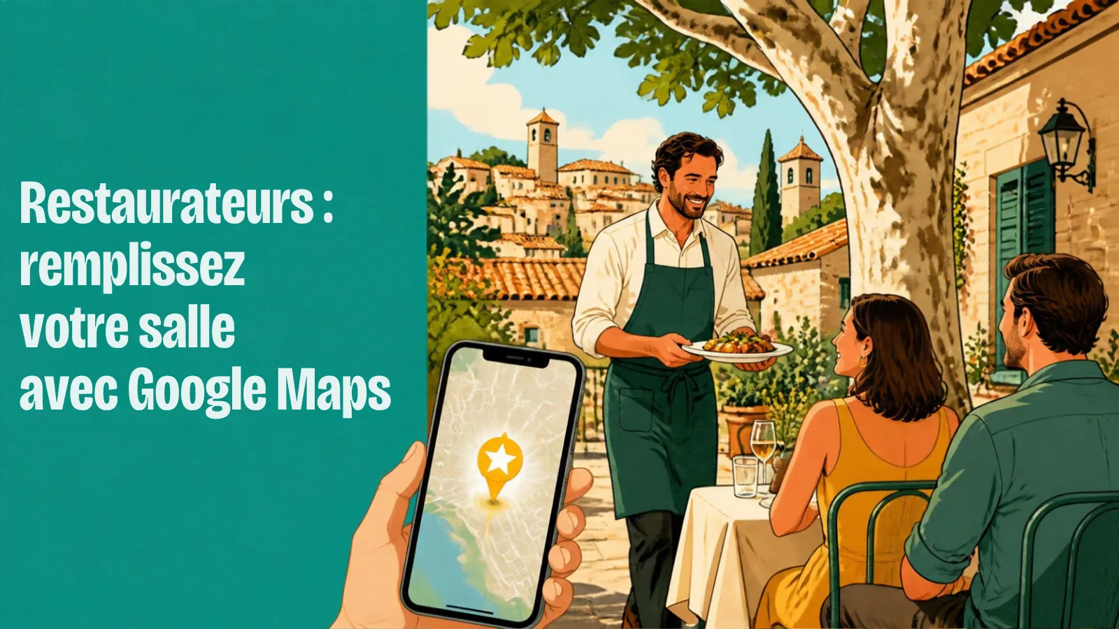 Restaurateur servant un plat en terrasse, avec un téléphone montrant une étoile en tête de Google Maps