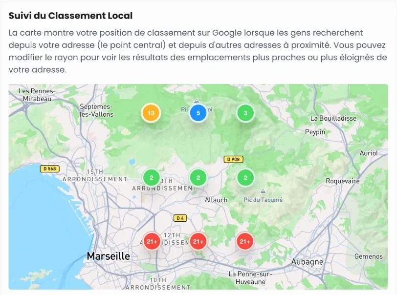 Suivi du classement local sur Google Maps autour d’Allauch et du nord-est de Marseille dans le tableau de bord Étoile Locale